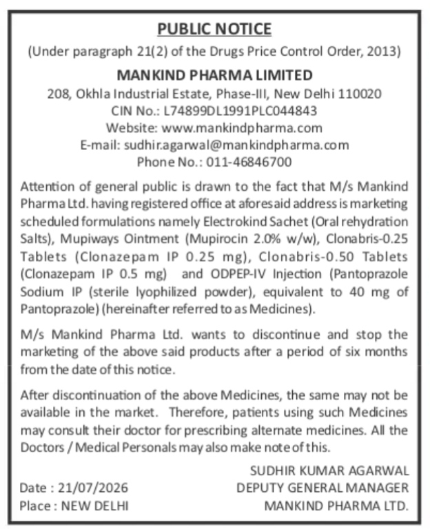 Mankind Pharma Discontinuation Public Notice