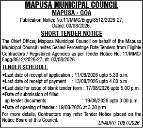 Mapusa Municipal Council Short Tender Notice