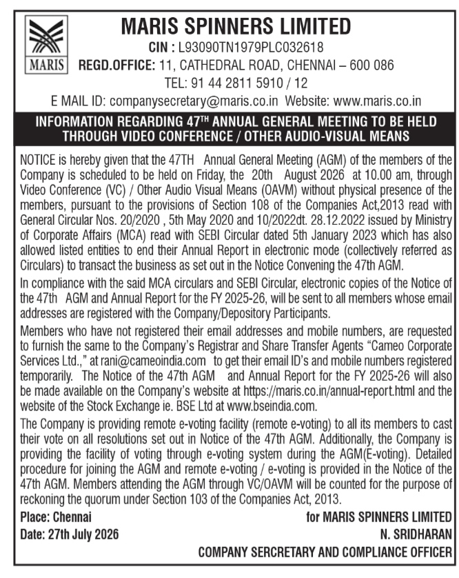 Maris Spinners Limited: Notice of 47th Annual General Meeting (AGM)