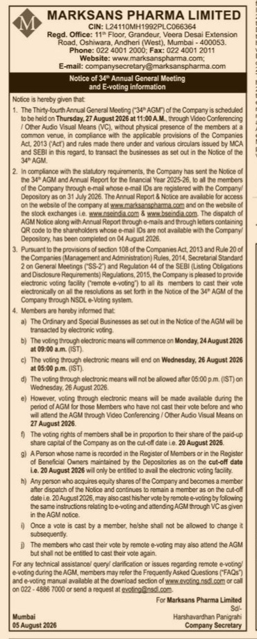 Marksans Pharma Limited: Notice of 34th Annual General Meeting and E-Voting Information
