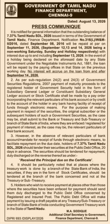 Maturity and Repayment Notice for 7.37% Tamil Nadu SDL 2026