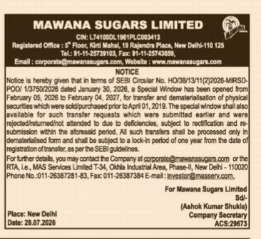 Mawana Sugars Limited - Notice: Special Window for Transfer and Dematerialisation of Physical Securities