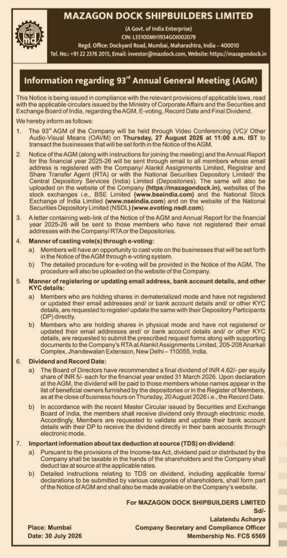 Mazagon Dock 93rd AGM Notice and Dividend Details