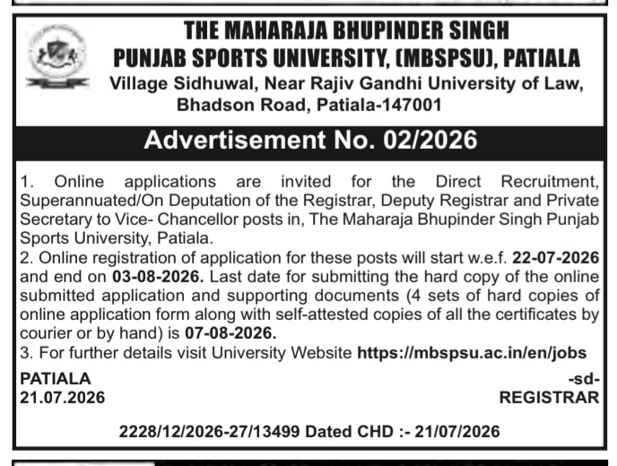 MBSPSU Patiala Recruitment Advertisement No. 02/2026.
