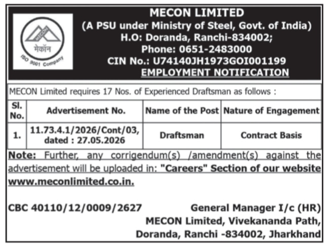 MECON Limited Draftsman Recruitment Employment Notification 2026.