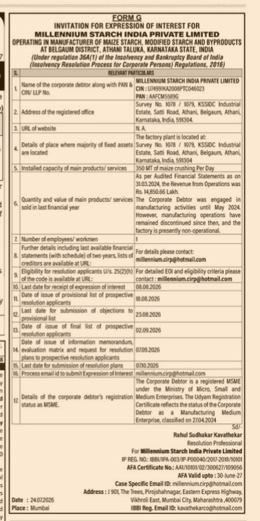 Millennium Starch India Private Limited: Form G (Expression of Interest)