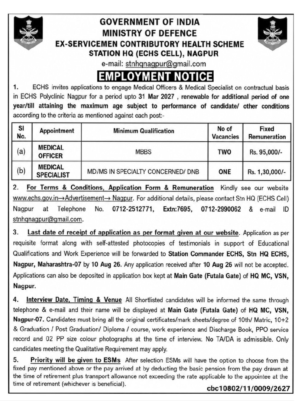 Ministry of Defence ECHS Nagpur Medical Recruitment 2026