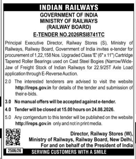 Ministry of Railways Cartridge Tapered Roller Bearings Procurement Tender