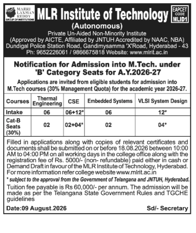 MLRIT M.Tech Category-B Admission Notification 2026-27