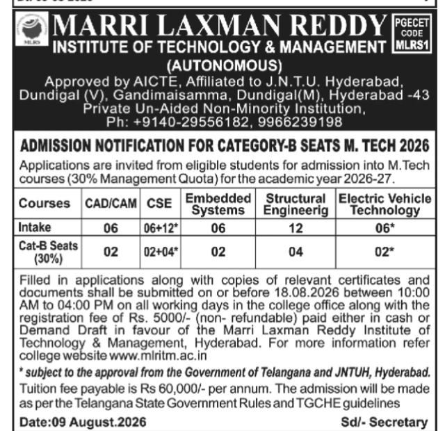 MLRITM M.Tech Category-B Admissions Notification 2026