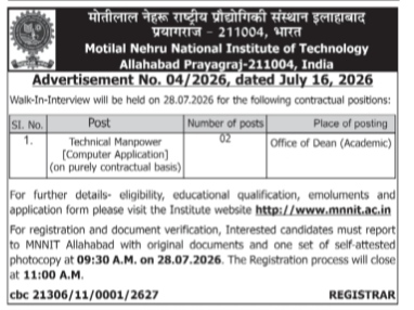 MNNIT Allahabad Technical Manpower Walk-In-Interview Notification (July 2026)