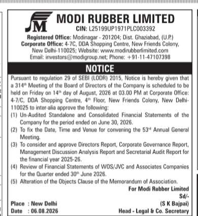 Modi Rubber Limited Board Meeting Notice (August 14, 2026)
