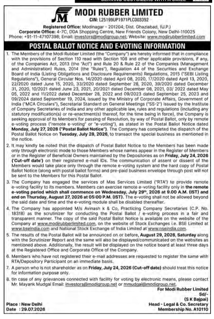 Modi Rubber Limited Postal Ballot Notice and E-Voting Information