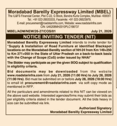 Moradabad Bareilly Expressway Limited Notice Inviting Tender (NIT)