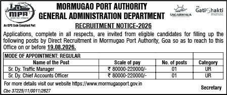 Mormugao Port Authority Recruitment Notice 2026