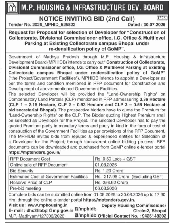 M.P. Housing & Infrastructure Dev. Board Notice Inviting Bid (2nd Call) for Re-densification Project in Bhopal