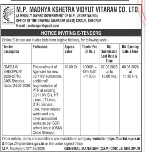 M.P. Madhya Kshetra Vidyut Vitaran Co. Ltd. Notice Inviting E-Tenders for Circle Sheopur (July 2026