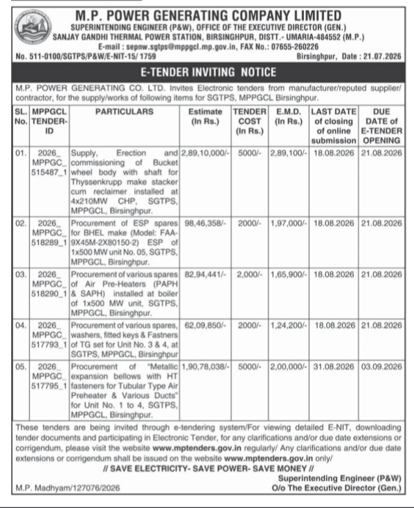 M.P. Power Generating Company Limited E-Tender Inviting Notice