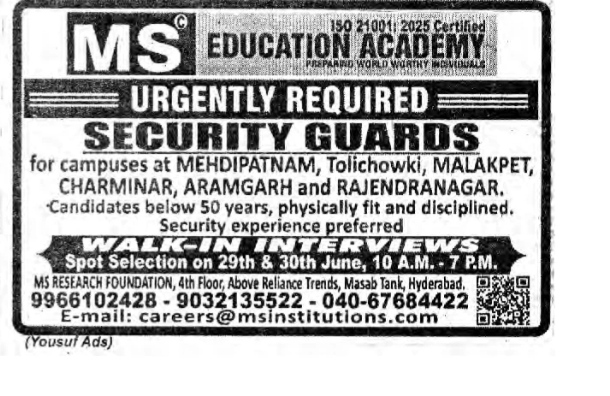 MS EDUCATION ACADEMY IS HIRING FOR SECURITY GUARD
