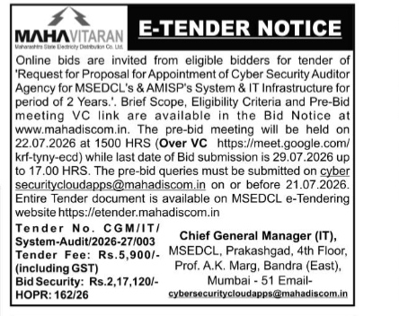 MSEDCL Cyber Security Auditor E-Tender Notice (2026-27)
