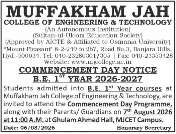 Muffakham Jah College Commencement Day Notice 2026-2027