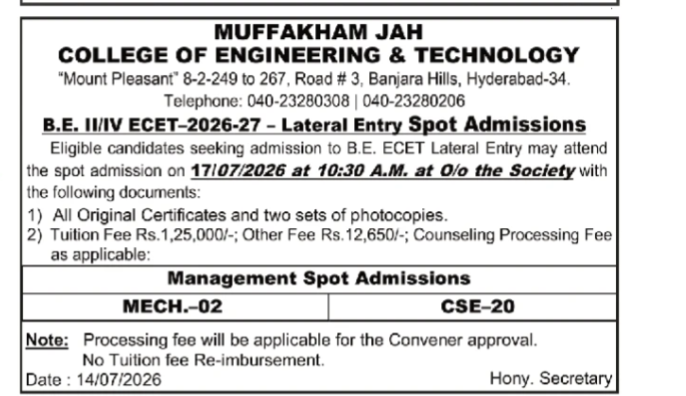 MUFFAKHAN JAH COLLEEGE OF ENGINEERING AND Technology - spot admission