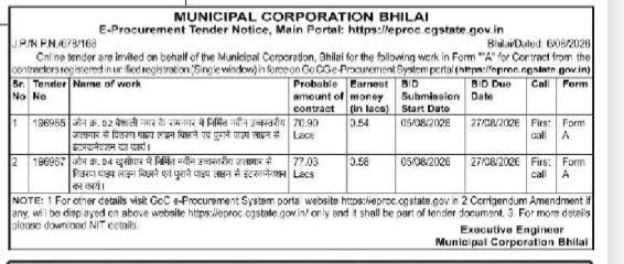 Municipal Corporation Bhilai Tender Notice