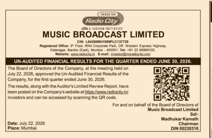 Music Broadcast Limited Q1 FY27 Financial Notice