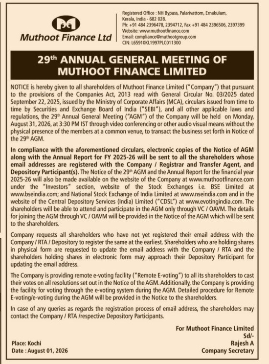 Muthoot Finance 29th AGM Notice
