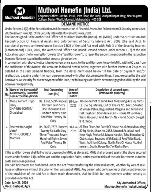 Muthoot Homefin Demand Notice (July 2026)