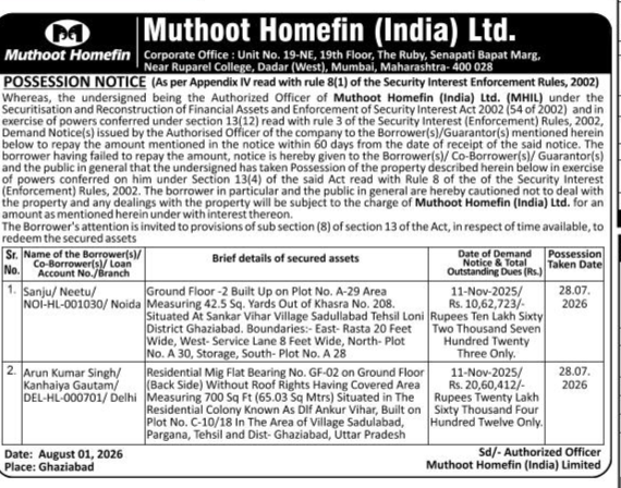 Muthoot Homefin Possession Notice (August 2026)