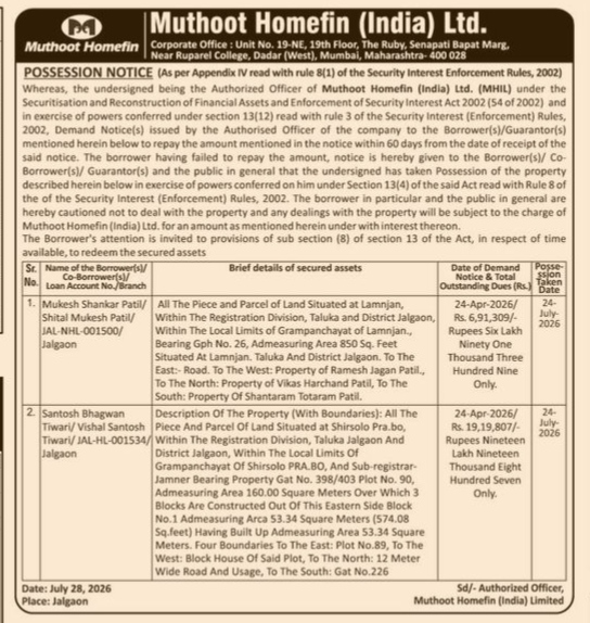 Muthoot Homefin Possession Notice (Jalgaon Properties)
