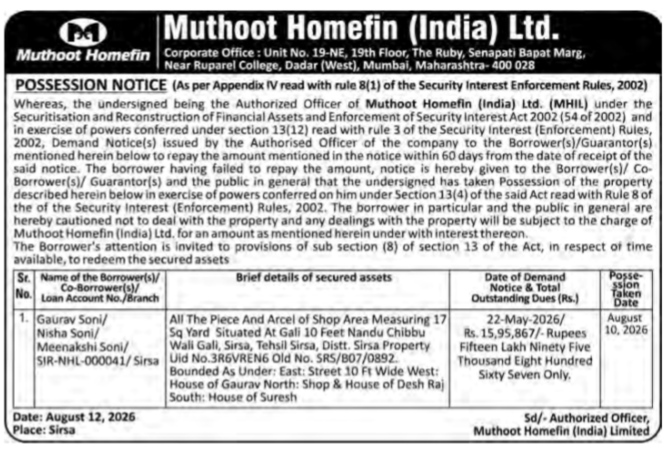 Muthoot Homefin Possession Notice