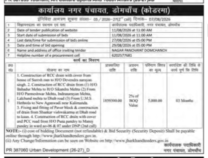 Nagar Panchayat Domchanch (Koderma) E-Tender Notice 2026