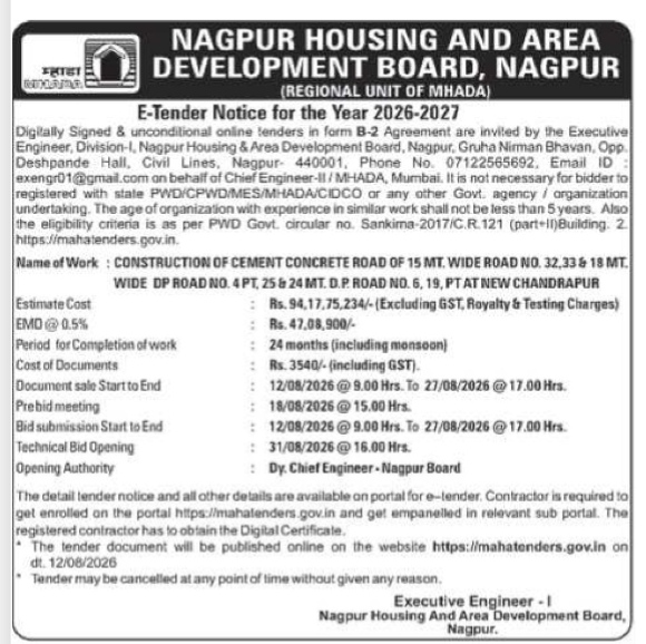 Nagpur Housing and Area Development Board E-Tender Notice (2026-2027)