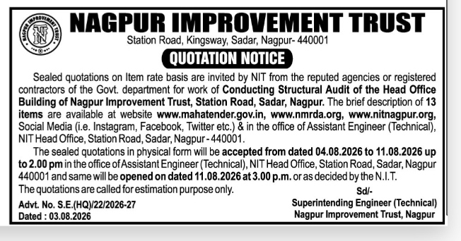 Nagpur Improvement Trust Quotation Notice for Structural Audit (Advt. No. S.E.(HQ)/22/2026-27)
