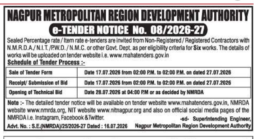 Nagpur Metropolitan Region Development Authority e-Tender Notice No. 08/2026-27