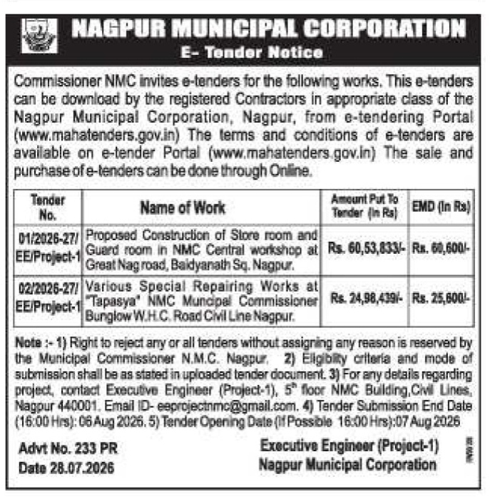 Nagpur Municipal Corporation Construction Tender Advert No. 233 PR