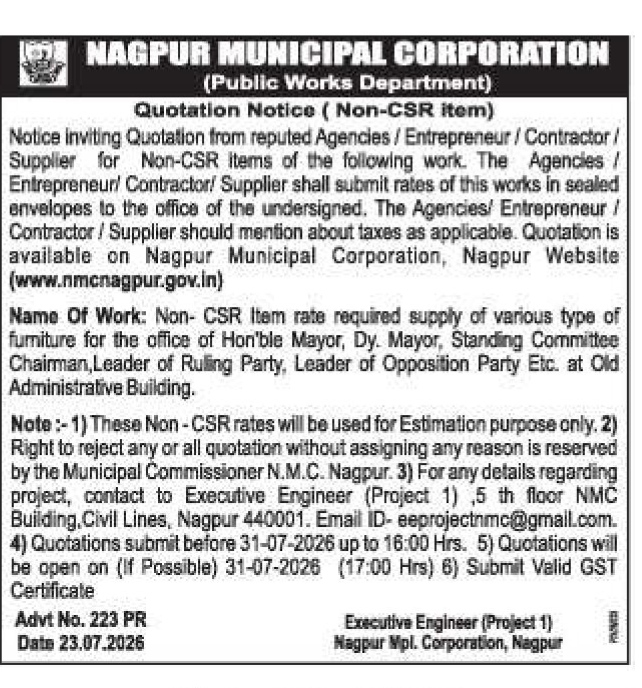 Nagpur Municipal Corporation Furniture Supply Quotation Notice