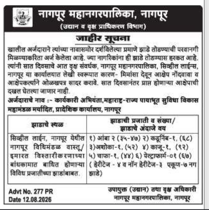 Nagpur Municipal Corporation Public Notice Regarding Tree Felling