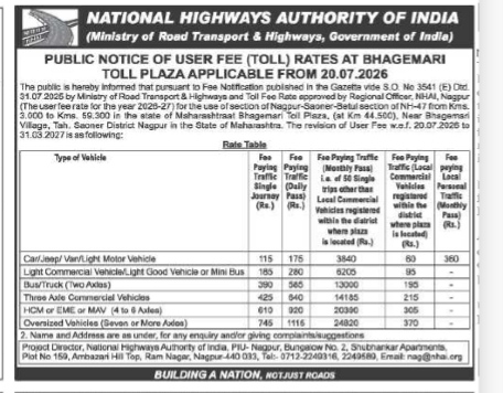 Nagpur-Saoner-Betul Section Revised User Fees