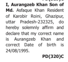 Name and Date of Birth Clarification-AURANGZEB KHAN
