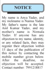 Name and Identity Clarification Notice- ANYA YADAV