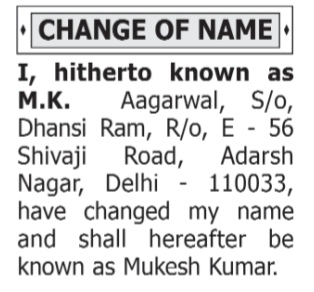 Name Change Advertisement-M.K AGARWAL