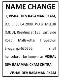Name Change Advertisement- vishal dev rasmanuckam chitra