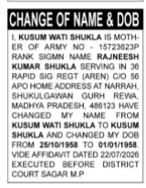 NAME CHANGE AND DOB - KUSUM SHUKLA