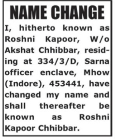 Name Change Announcement Notice-ROSHINI KAPOOR CHHIBBAR