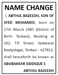 NAME CHANGE NOTICE - ABTHUL BAZEEDH