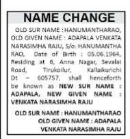 NAME CHANGE NOTICE- ADAPALA VEMKATA NARASIMHA RAJI
