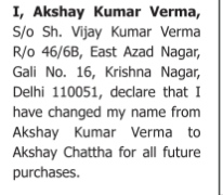 NAME CHANGE NOTICE - AKSHAY KUMAR VERMA